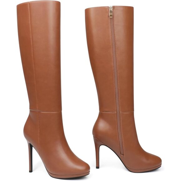 Women's Brown Rubber Stiletto Knee High Boots Platform Side Zipper Long Boots - Picture 1 of 9
